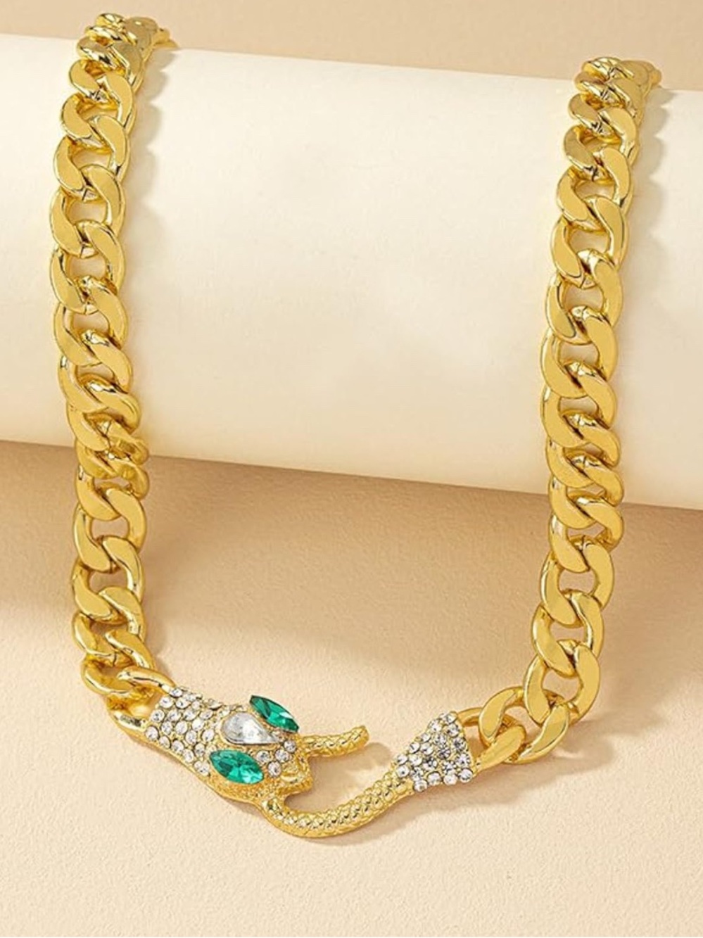 Gold Snake Head Choker with Emerald Green Eyes - Picture 2 of 6